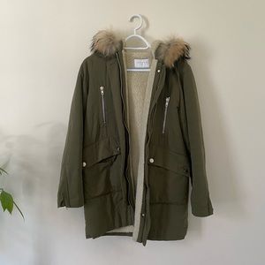Sandro olive coat with fur hood (size EU 38, M)